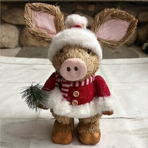Mrs Claus Pig Sisal Fiber Christmas Rustic Tabletop Decor New